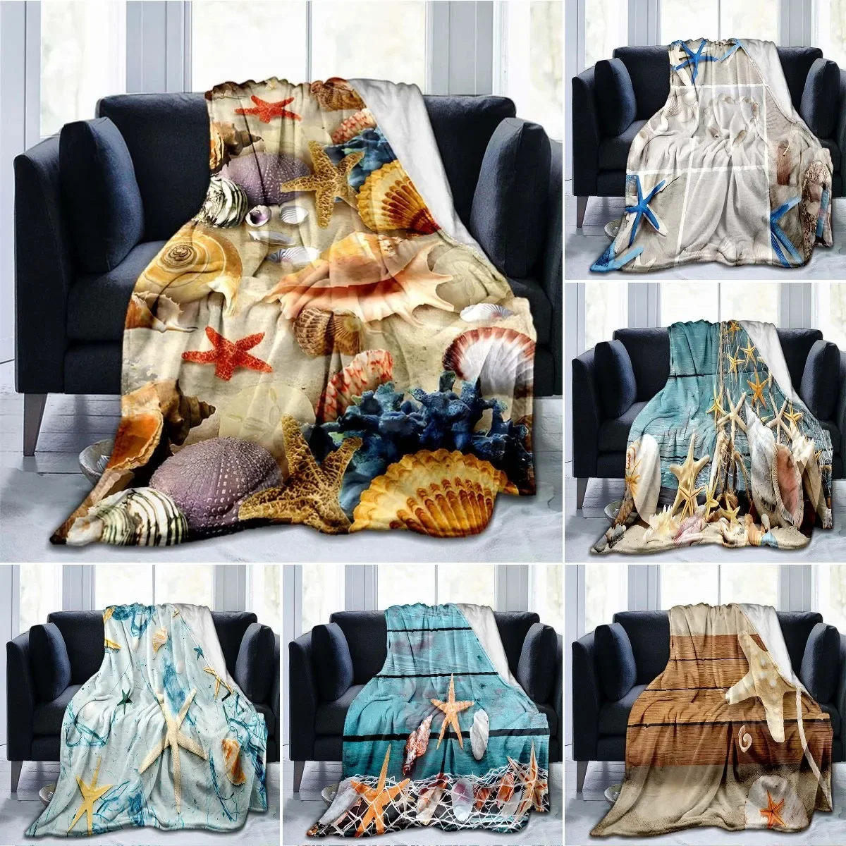 Beach Shells Landscape 3D Printed Throw Blanket Bedspread Flannel Home Blanket Plush Soft Comfortable Home Decor Blanket King