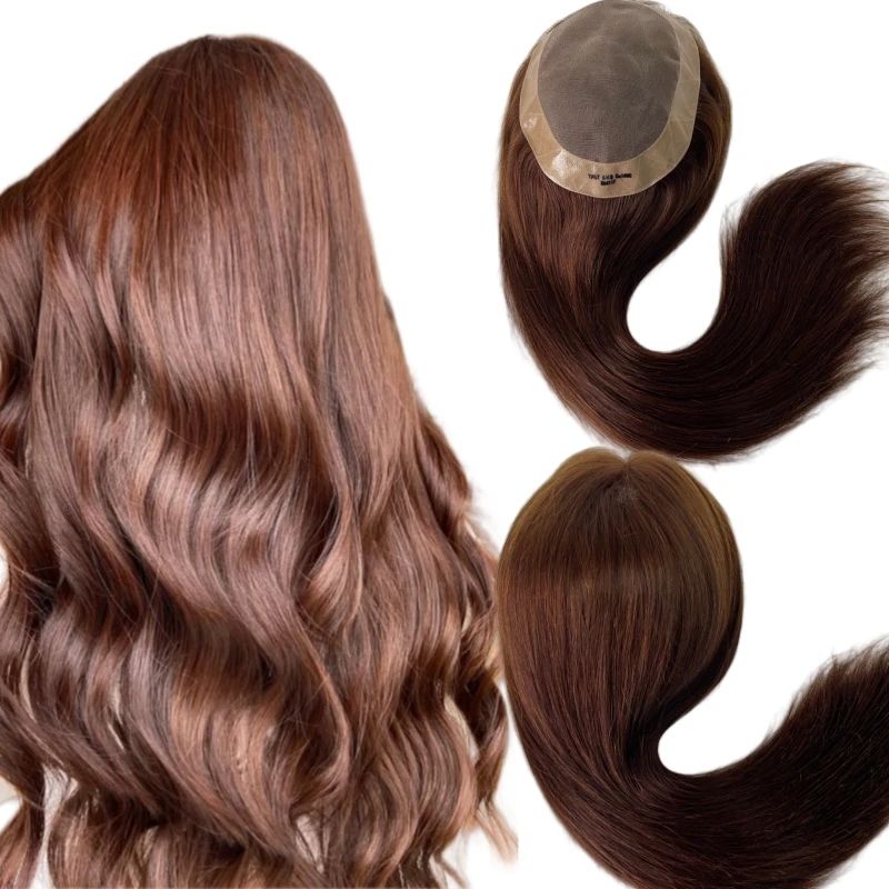 

Indian Virgin Human Hair Replacement 16 inches Silky Straight Brown Color #4 6x8 Mono Topper for Woman