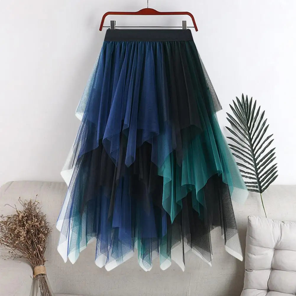 Hoge taille Tule Rok Elegante Hoge Taille Tule Rok met Asymmetrische Zoom Geplooide Midi Rok voor Vrouwen Pauw Kostuum