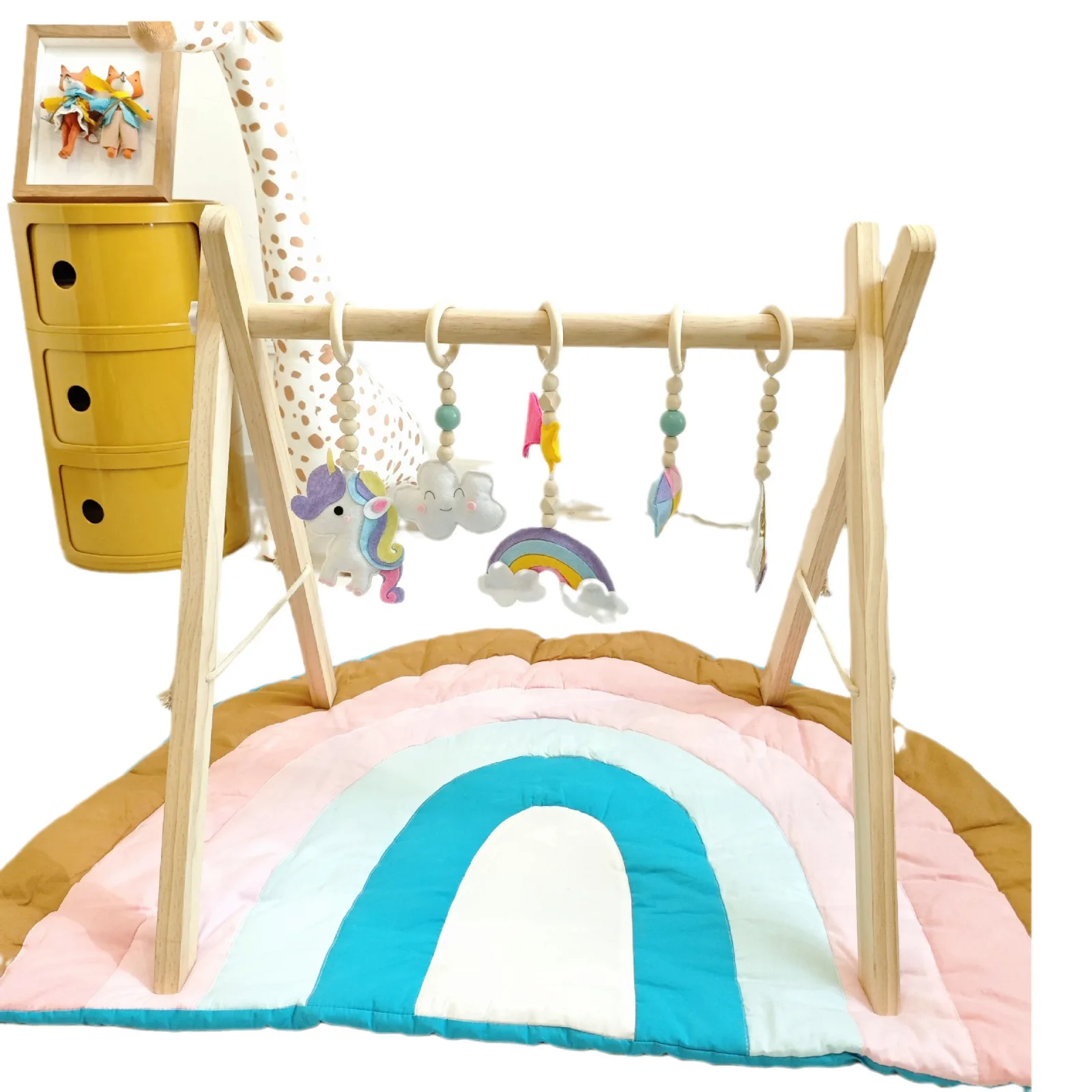 Wholesale Wooden Rattan Baby Gym Play Mat Activity For Kids Baby Wooden Early Education Fitness Stand Unicorn Fitness Rack