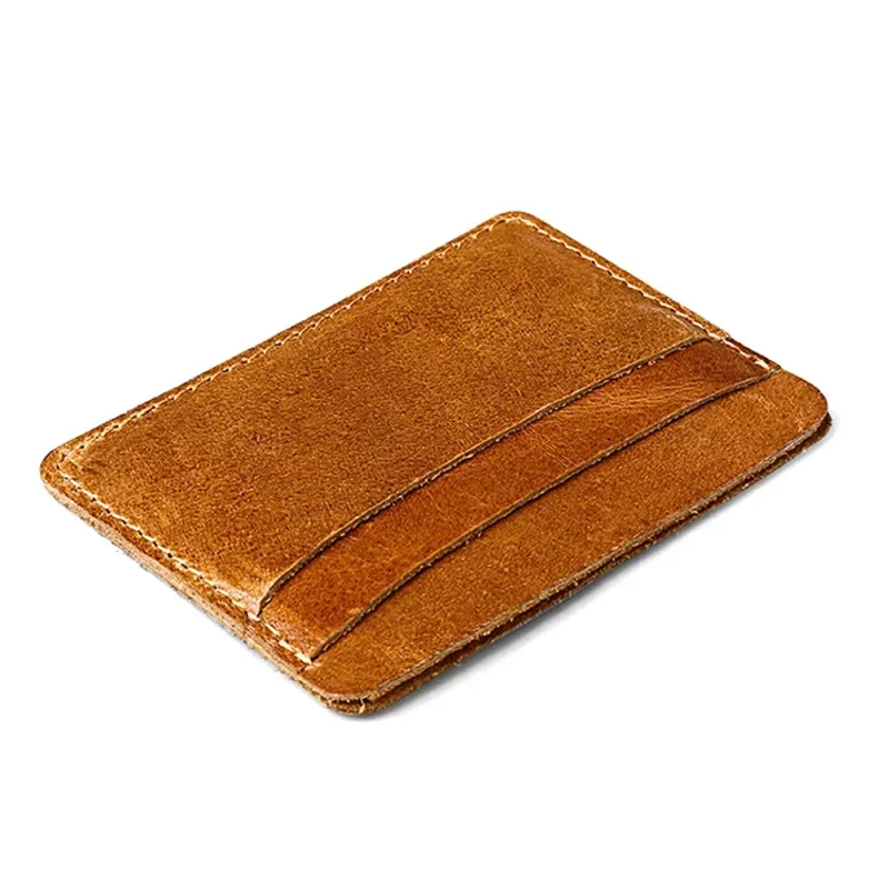 

Тонкий кожаный держатель для кредитных карт ручной работы для мужчин и женщин, винтажный короткий кошелек, тонкие карманные кошельки