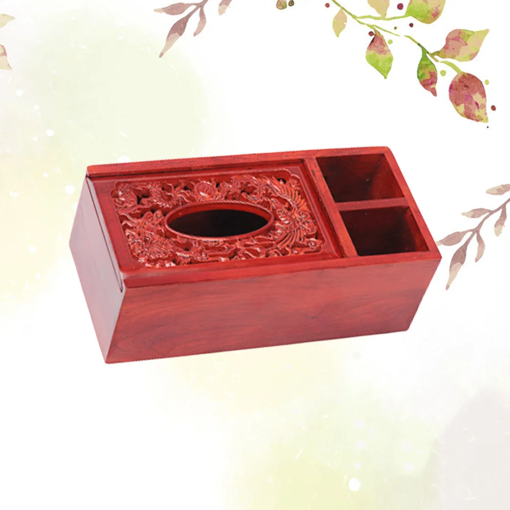 

Wooden Tissue Box Vintage Style Carving Desktop Organizer with Compartments for Glasses Cosmetics Napkin Holder Remote Control