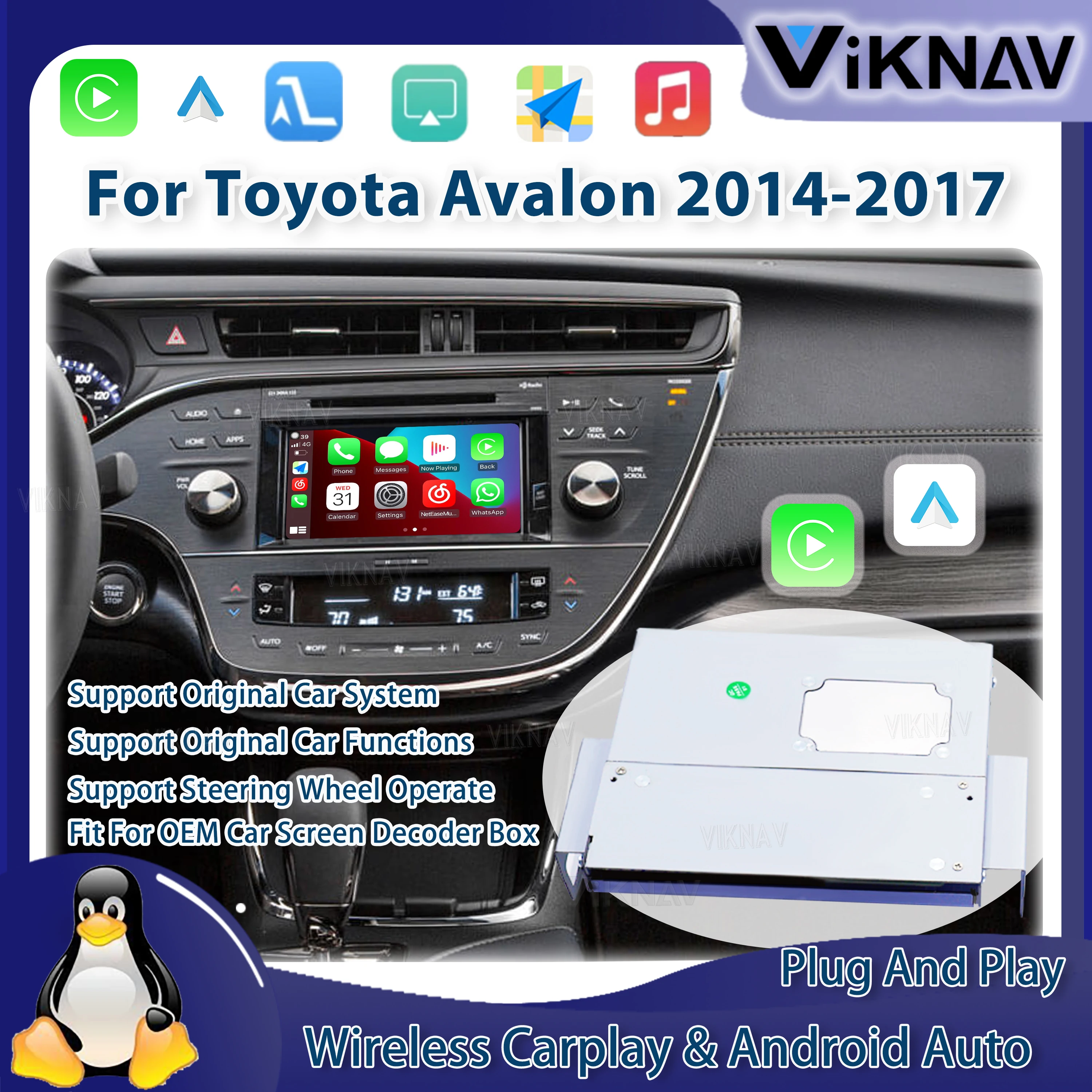 Viknav Linux System For Toyota Avalon 2014-2017 Latest Decoder Box Interface LVDS Navi MuItimedia Wireless CarPlay Android Auto