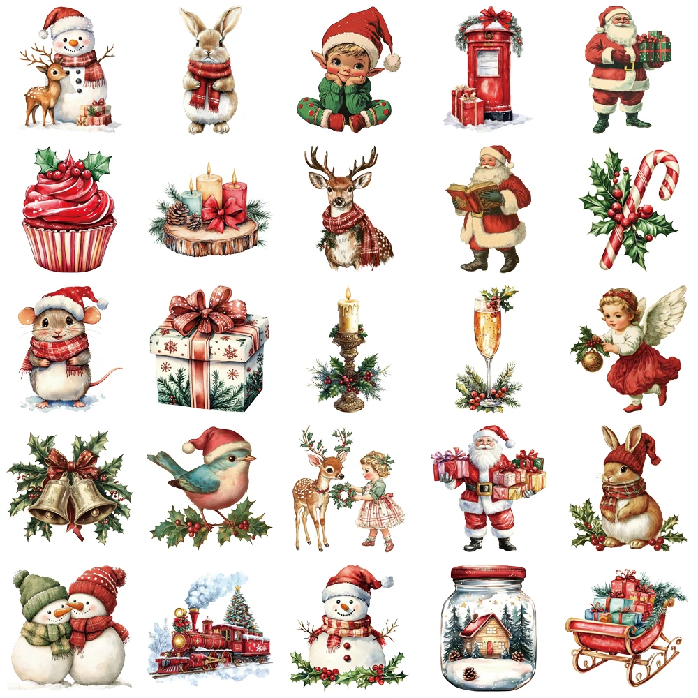 50PCS Creative Retro Christmas Stickers Phone Case Decoration Notebook PET Transparent Material Personalized Stickers