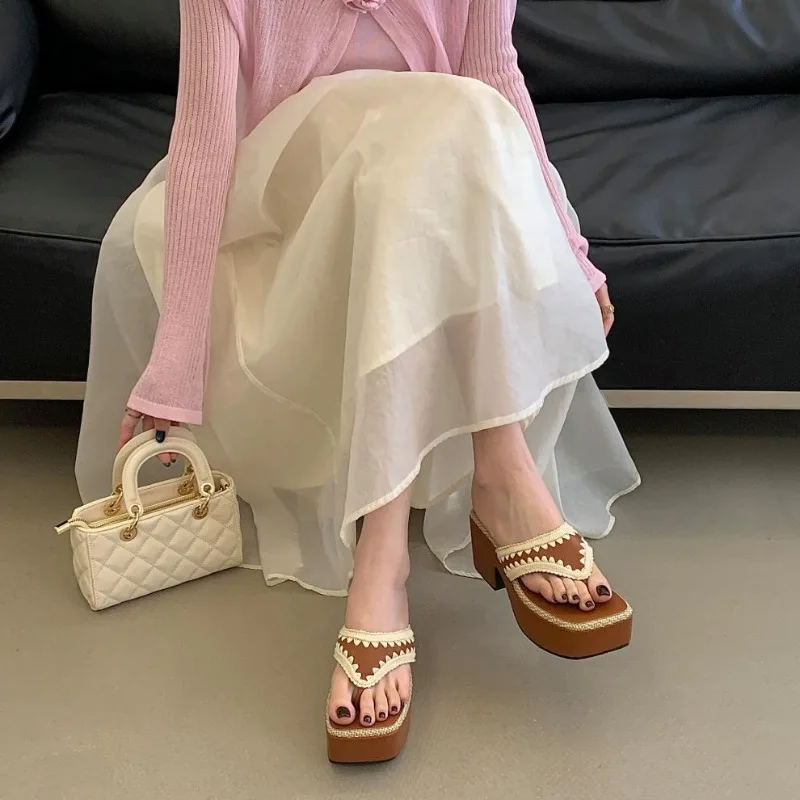 Bohemia Women's Shoes New Exquisite High Heeled Flip Flops for Woman Comfort Vacation Casual Shoes Designer Shoes Zapatos Mujer