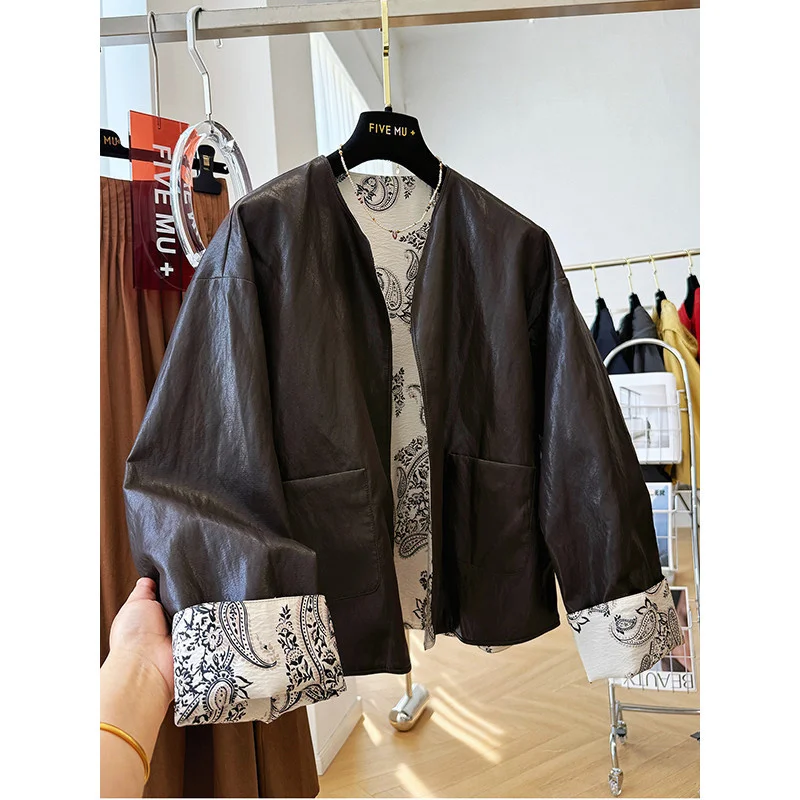 Chinese Style Printed Double-Sided Leather Jacket 2026 Autumn New Item High-end Round Neck PU Leather Jacket Loose Casual Top