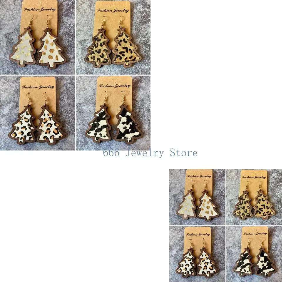 F2TD Christmas Tree Dangle Earrings Leopard Grow Print Genuine Leather Material