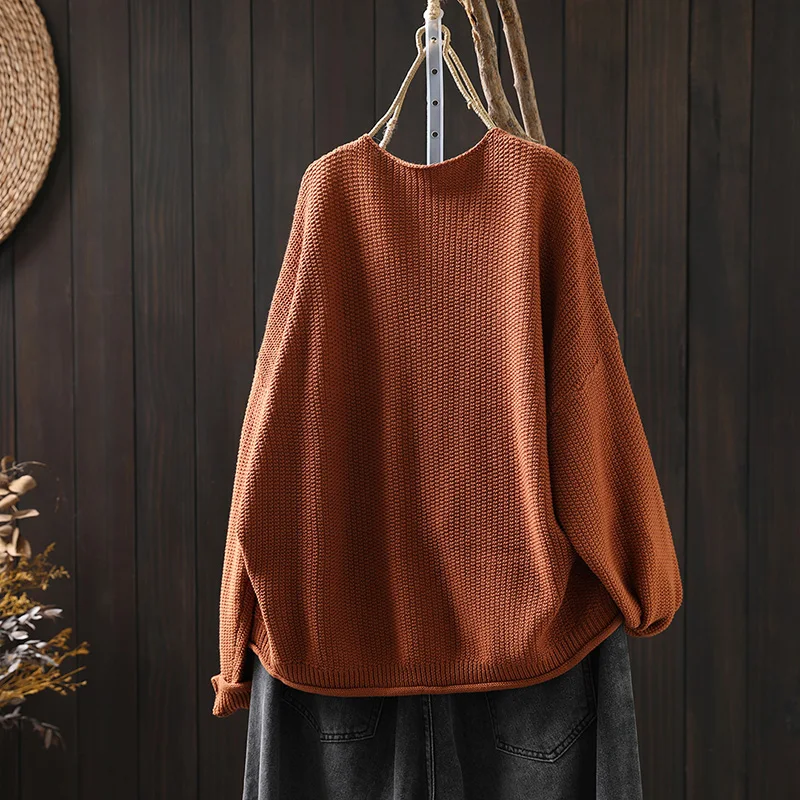 Graffiti Fish Embroidery Patch V-neck Cotton Knit Sweater for Women Loose Casual Long Sleeve Spring Fall Versatile Oversize Tops