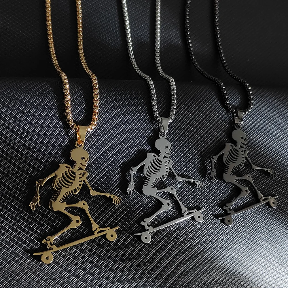 Punk Skeleton Man Skateboard Pendants Necklaces Stainless Steel Women's Jewelry Hip Hop Rock Style Halloween Party Accessories