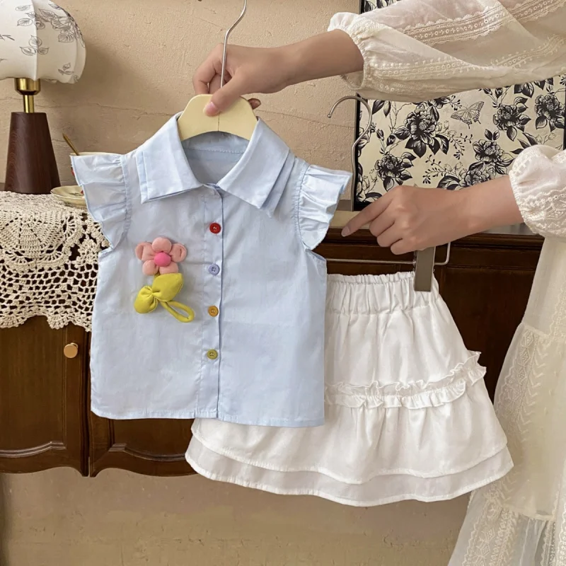 

Girls' Preppy StyleSuitSummer2025New Stylish Summer Outfit for Girls: Shirt and Skirt Two-Piece Set