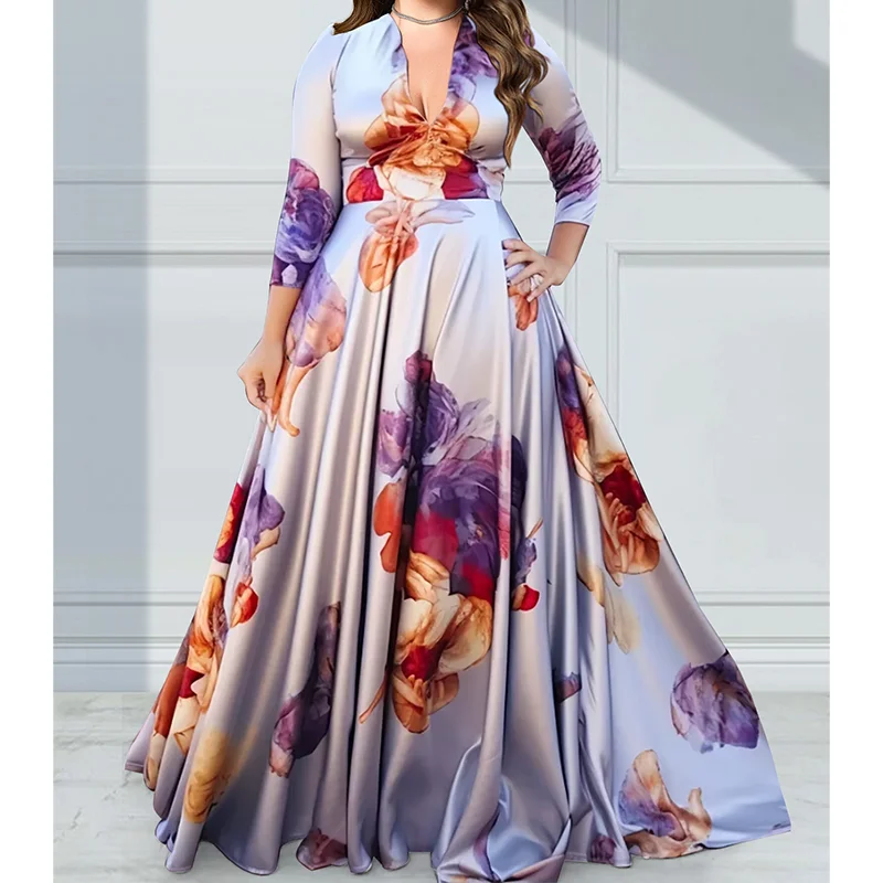 Floral Printing Women Plus Size Empire Maxi Dresses Elegant Multicolor V Neck 3/4 Sleeve Long Dress Party Wedding Evening Dress