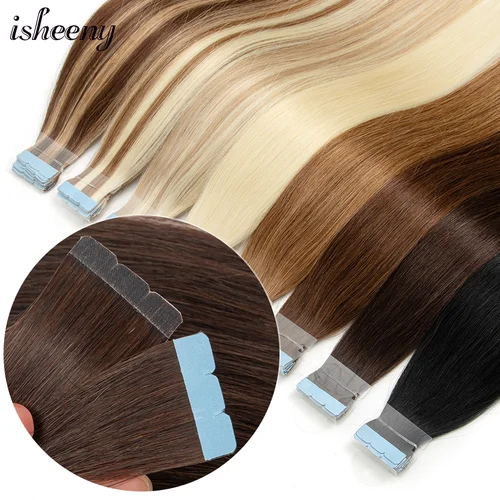 Imagen 1 del producto Isheeny-Mini cinta de extensiones de cabello, máquina de 12-24 pulgadas, trama de piel Remy, cinta adhesiva en cabello humano Natural, negro, marrón, Rubio, 10 piezas