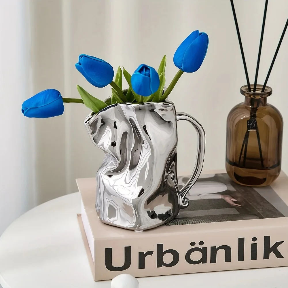 Silvery Ceramic Vase Paper Bag Shape Pleated Design Modern Flower Vase Living Room Tabletop Bathroom Decoration Home Accessory