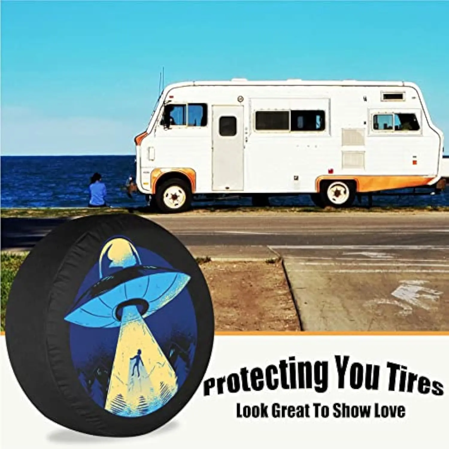 Alien Abduction UFO Spare Tire Cover Funny Sci Fi Graphic RV Camping Dust Proof Weatherproof Protector