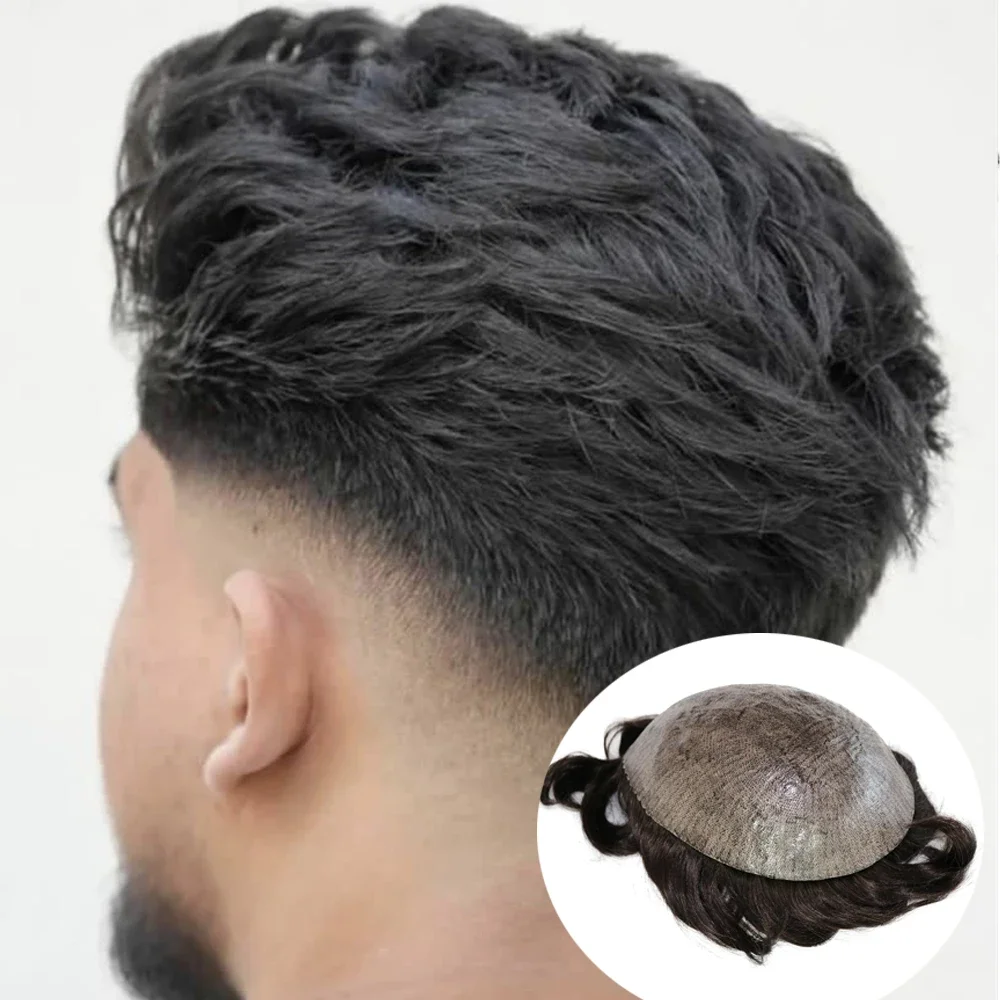 Perruque de cheveux humains pour hommes, délié naturel, toupet pour hommes, peau de micropeau, prothèse capillaire complète en PU, système de remplacement de qualité supérieure