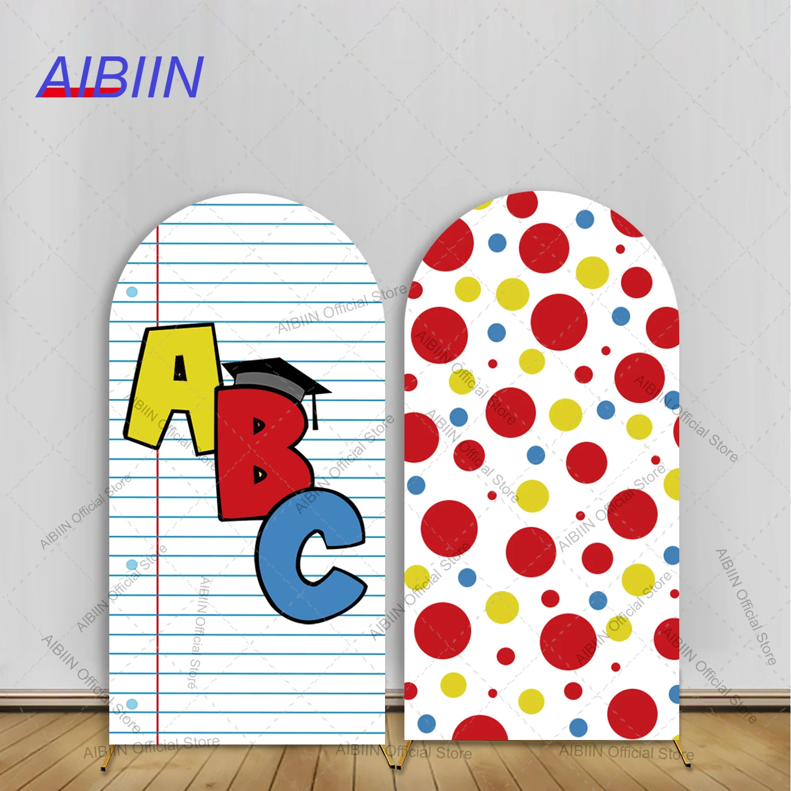 ABC Erster Schultag Bogenförmiger Hintergrund Notizbuch Liniertes Papier Bunte Polka Dots Baby Schulanfang Party Deko Hintergrund