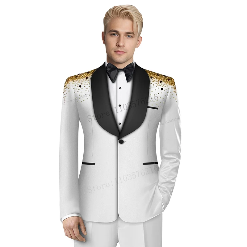 

W01 Luxury 2 Piece Tuxedo Luxury Blazer Men Suits One Button Satin Wide Lapel Formal Beads Diamonds Party Ivory Wedding Groom