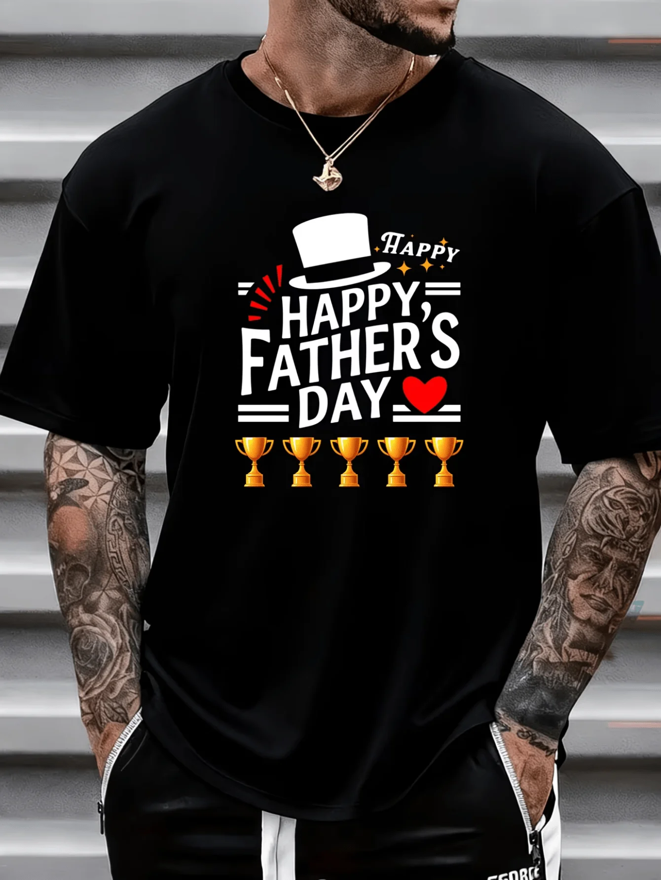 Mens Happy Fathers Day Trophy Heart Graphic T Shirt Best Dad Letter Print Short Sleeve Crew Neck Casual Cotton Male Daily Tee