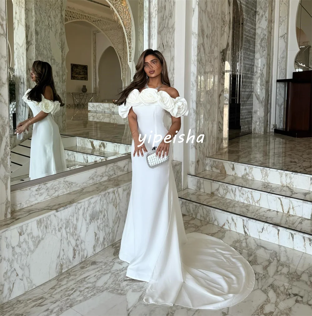 Customized Intricate Matching Jersey Handmade Flower Pleat Ruched Mermaid Off-the-shoulder Long Dresses Bespoke Occasion Dresses