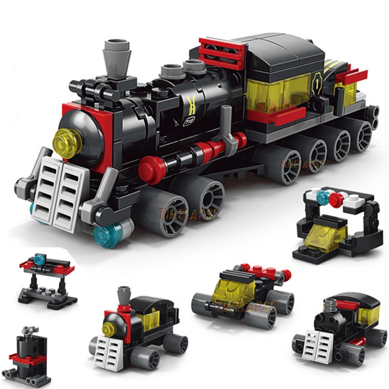 NEW DIY 6in1 Train Track Robot Helicopter Vehicle Building Blocks Kit Girls Bricks Movie Model Kids Toy