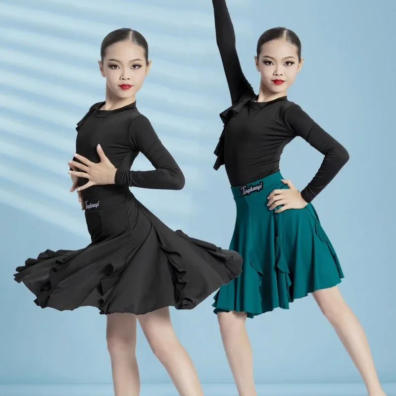 standard Latin dance top girls' long sleeved skirt set practice outfit children's performance outfit latin practice dress