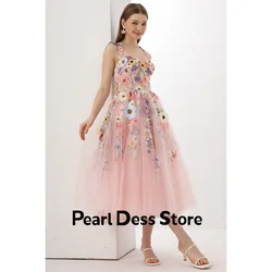 Pearl Sleeveless Luxurious Evening Dresses 2024 Luxury Party Dress Pink Square Collar Young Girls Dresses Floral Lace Line A