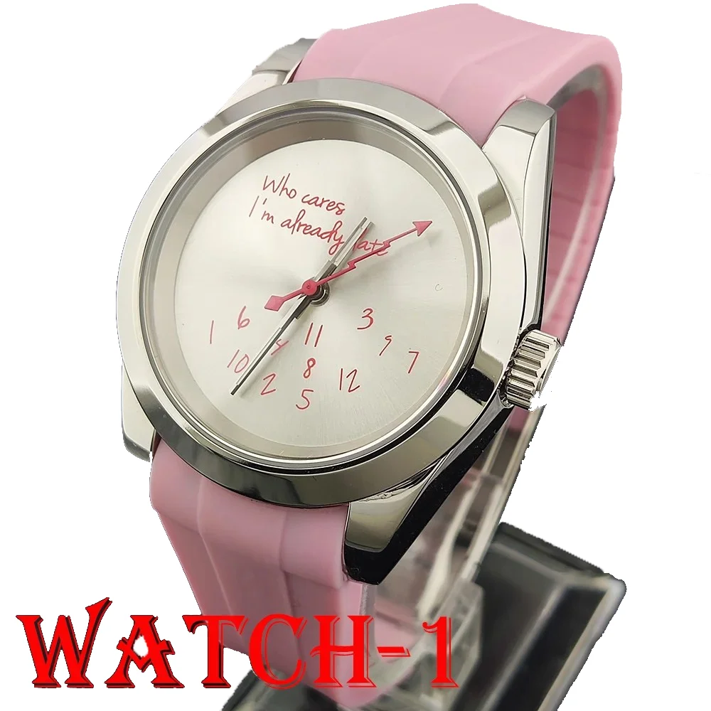 39mm man NH35 Silver Watch Who cares I'm already late sapphire crystal NH35A movement stainless steel digital dial pink hand