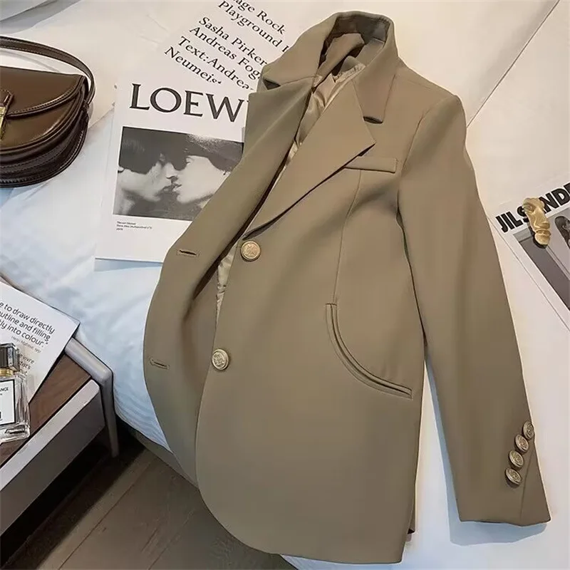 

Spring Autumn Fashion Tailored Collar Long Sleeve Blazers Women High Street Solid Color Button Cardigan Elegant All-match Coat