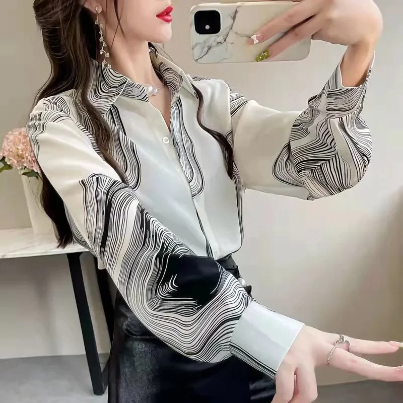 Shirt Women's Design Sense Niche Long-Sleeved Blousers 2025 Spring And Autumn Korean Retro Buttton Chiffon Shirt Top Printed 102