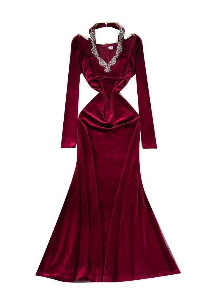 فستان مخملي أنيق بأكمام طويلة للنساء، فستان خريفي وشتوي نحيف بذيل السمكة، مزين بشكل كثيف، خصر مرتفع، أسلوب كوري للعمل