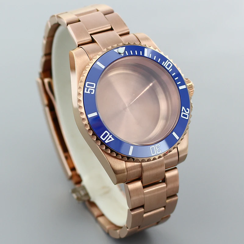 40 mm mevrouw horlogekasten roségouden horlogebanden saffier met vergrootglas voor SUB Seiko NH35 NH36 8205 8215 Eta 2824 schuifgesp