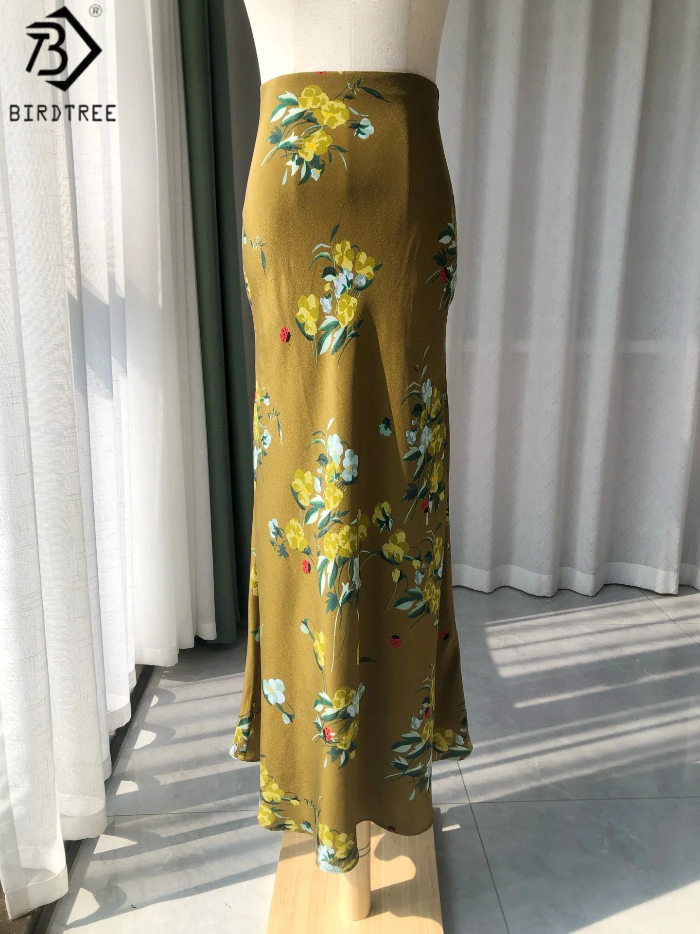 

BirdTree 17MM 100% Mulberry Silk Flower Print Skirt,Woman Sand Wash Double Crepe Brown Color Bias-cut Skirt,2025 New D57907JF