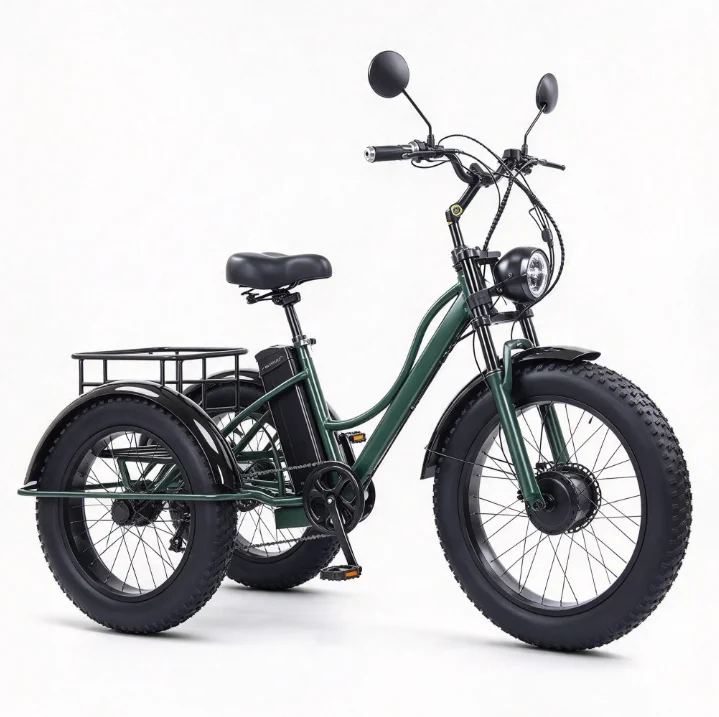 24 Inch Electric Tricycle Fat Tire Pedal Assist Three Wheel Leisure Cruiser E Bike Wide Tyre Eco Friendly Trike for Adults Outdo