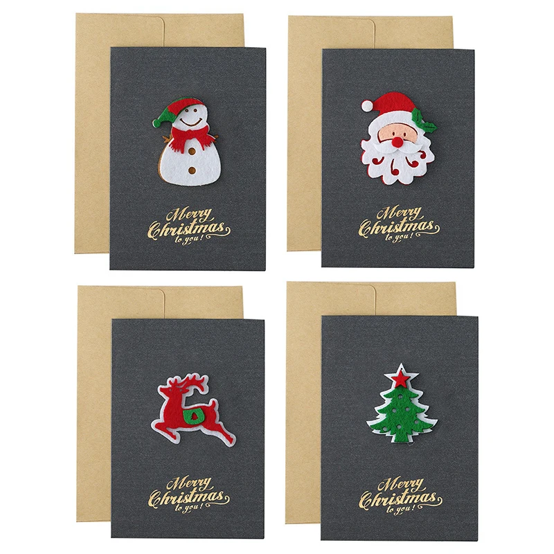 4PCS Weihnachten Grußkarte Set Grau Stil Perlglanz Papier 3D Filz Einladungen Postkarten Weihnachten Party Geschenke Souvenirs ZYF