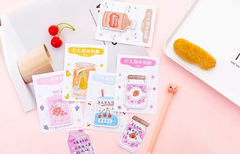 Kawaii Sticky Note Sticky Sticker, Várias Formas de Bebida, Estilo Japonês, Simples Cor Sólida, Papel de Nota