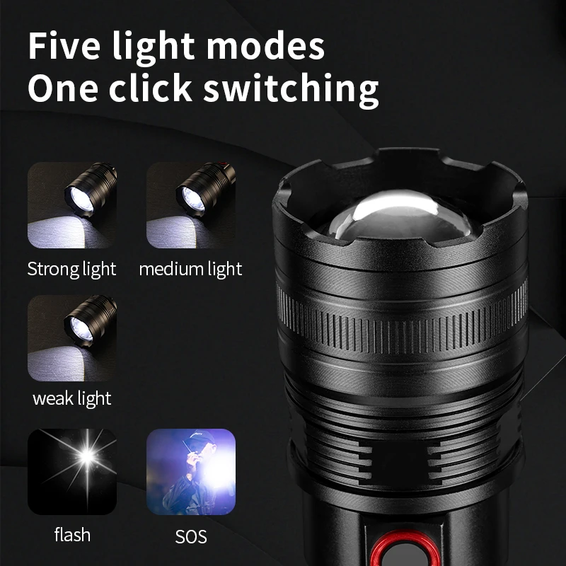 Powerful Spotlight Long Range LED Flashlight Strong Light Lamp Tactical Torch Lantern Built-in Battery Type-C Charging Torch