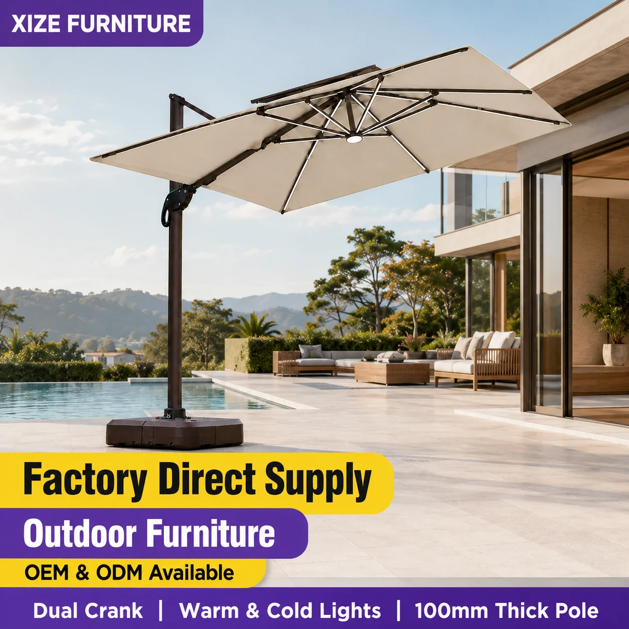 Outdoor Dual Arm Roman Umbrella With LED Light Strip Adjustable Black Aluminum Pole Waterproof Sunshade For Garden Patio