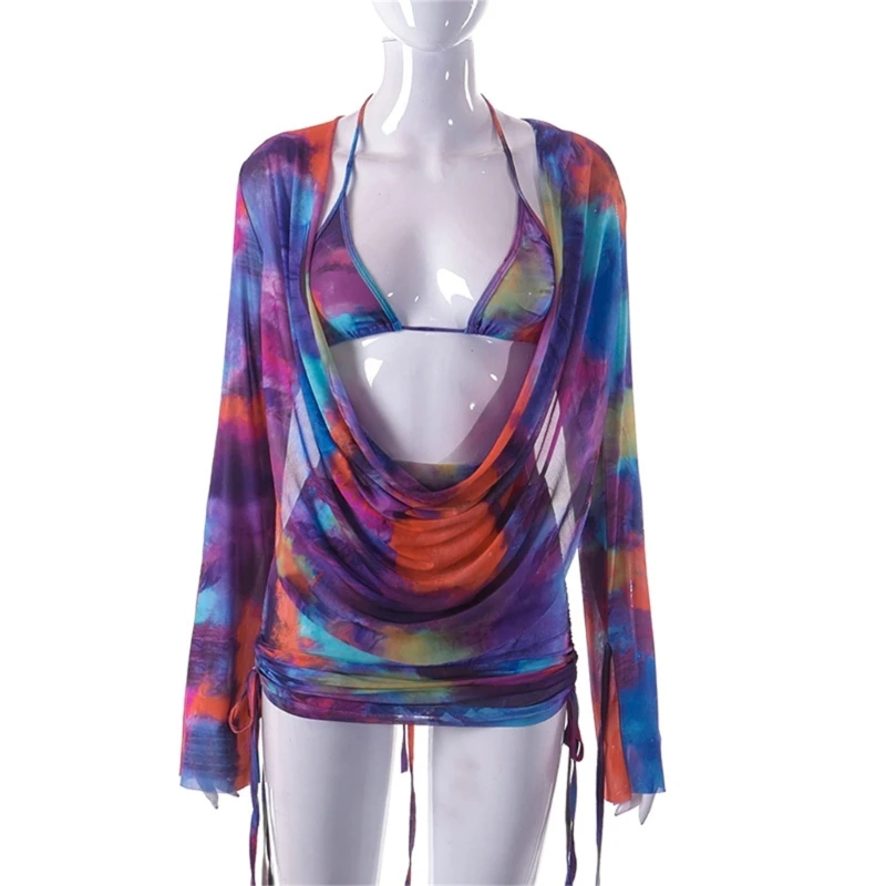 Women Tie-Dye Mesh 3Pcs Long Sleeve Cover Up Halter Bras and Drawstring Skirt Dropship