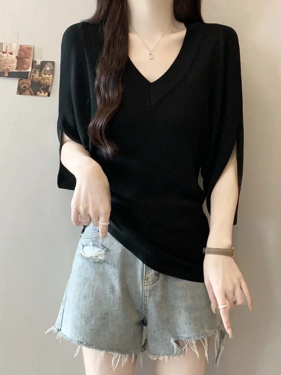 

plus Size V-Ne Ice Silk Lantern Sve Knitwear Women Loose Batwing Top Breathable Summer Casual Sweet Sle Princ Fit