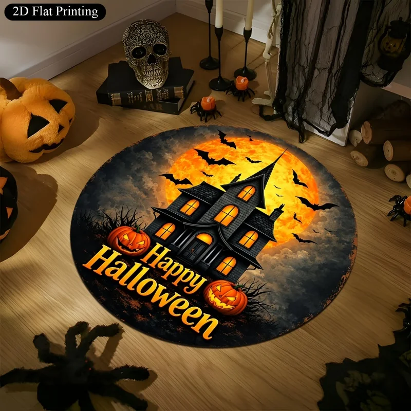 Witch Hat Pumpkin Haunted House Halloween Round Rug,Black Cat Bat Moon Printed Circular Floor Carpet,Spooky Holiday