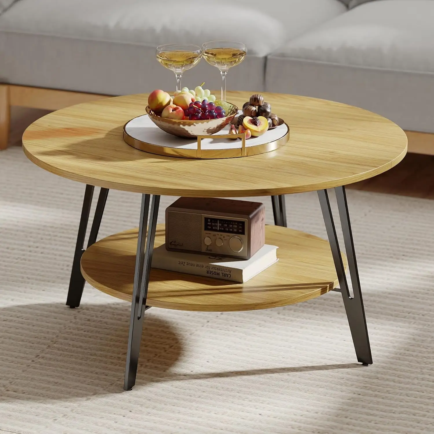 

31,5-дюймовый круглый журнальный столик из современного дуба — небольшой центральный столик для хранения вещей для гостиной