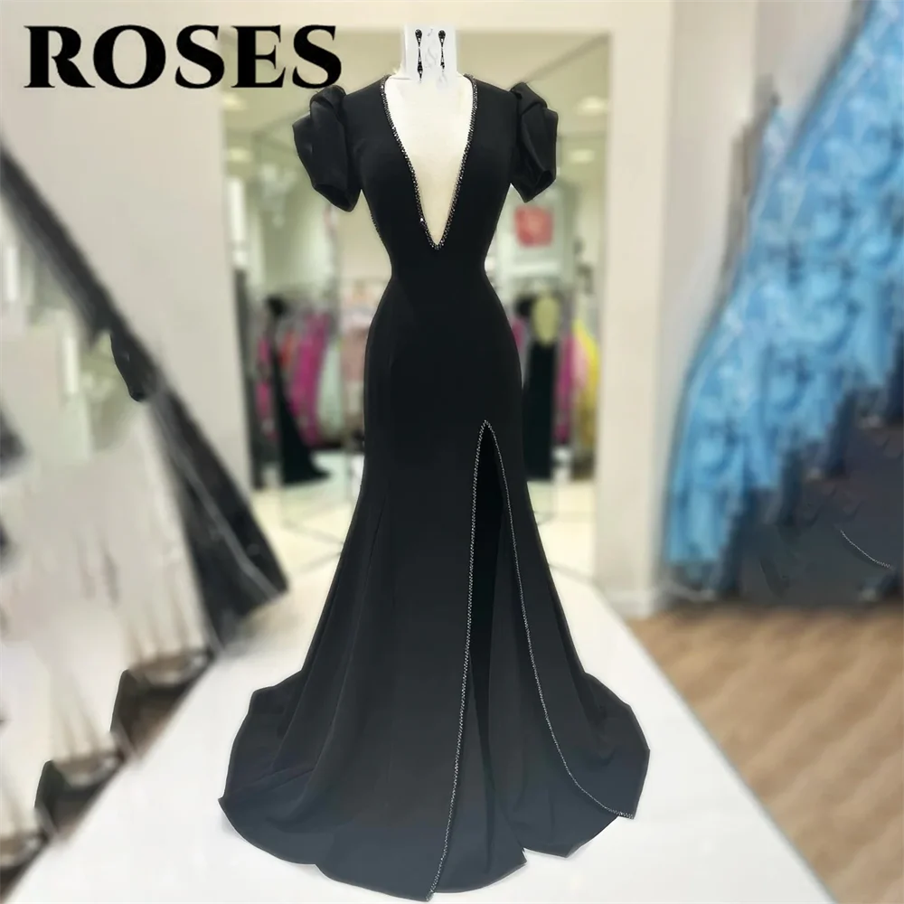 

ROSES Black Elegant Prom Dress V-Neck Party Dress with Pleats Satin Regular Sleeve Mermaid Evening Dresses for Woman Customized