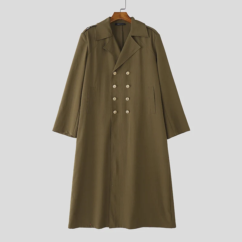

INCERUN Men Long Style Trench Solid Color Lapel Oversize Long Sleeve Male Coats Streetwear Double Breasted Windbreaker Men S-5XL