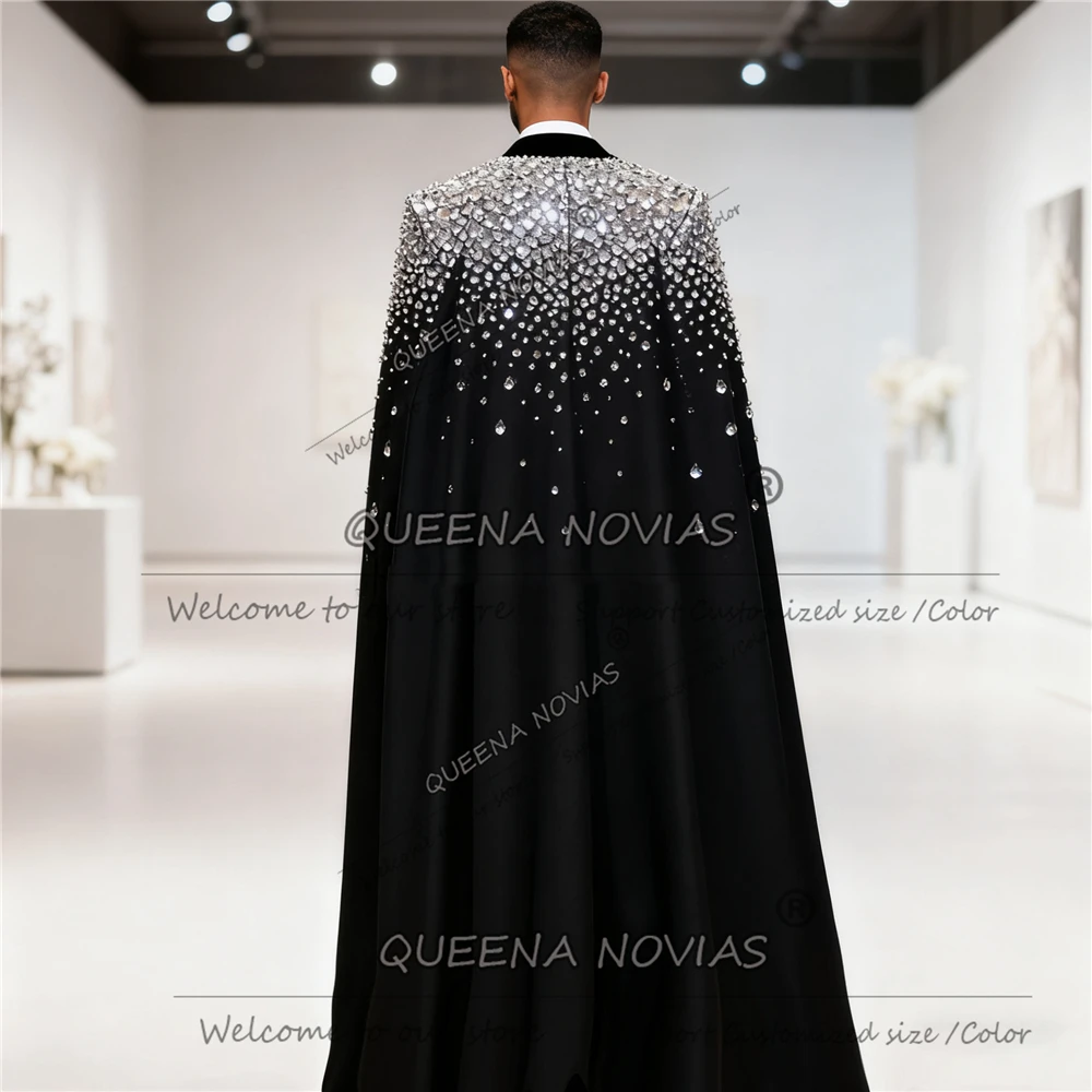 Exquisiter Hochzeits-Smoking-Anzug mit Perlenkristallen, 2-teiliges Set, einreihiger Blazer mit Umhang, lang, maßgeschneidert