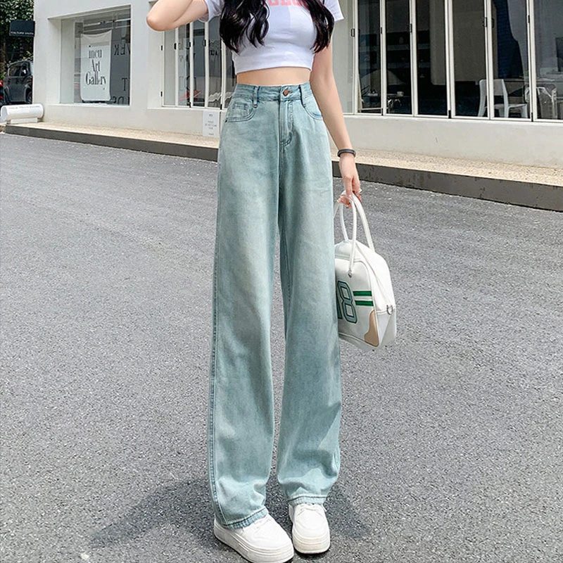 Light blue straight jeans female summer thin section high waist thin drape loose versatile small wide-legged drag pants