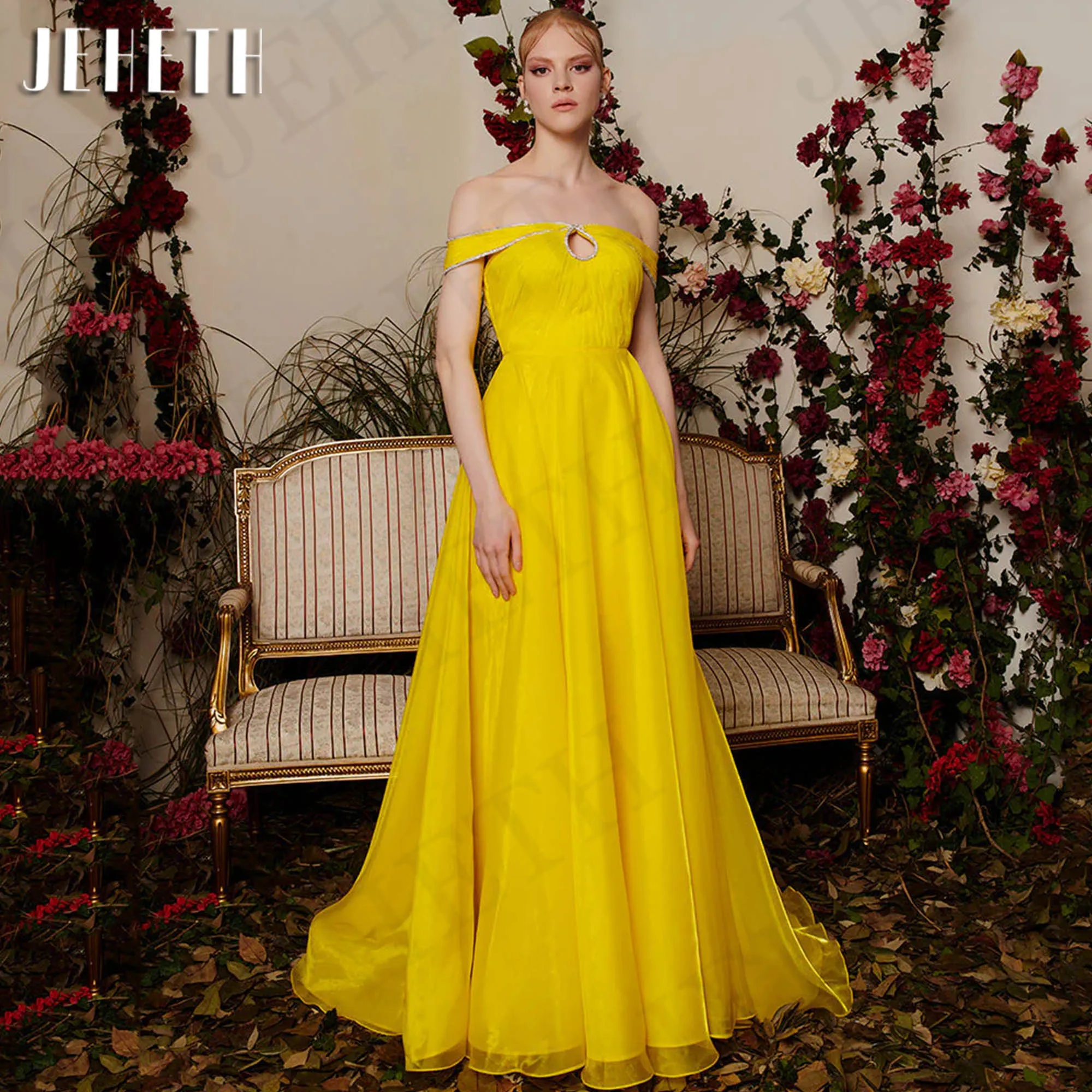 

JEHETH Elegant Off Shoulder Evening Dress Vintage Off Shoulder Tulle A Line Celebrity Party Dresses vestido de noche Dubai Women