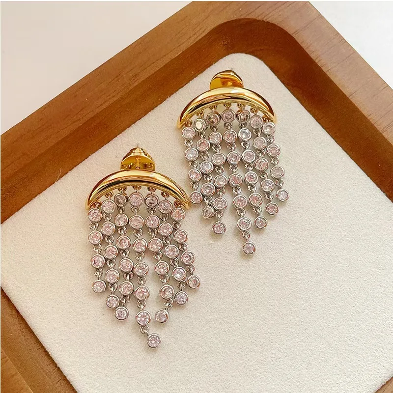 

Modern Shining 18K Gold Filled Tassel Drop Earring Two-tones Full Diamonds Ear Stud Dangle Chunky Exaggerated Statement Jewelry