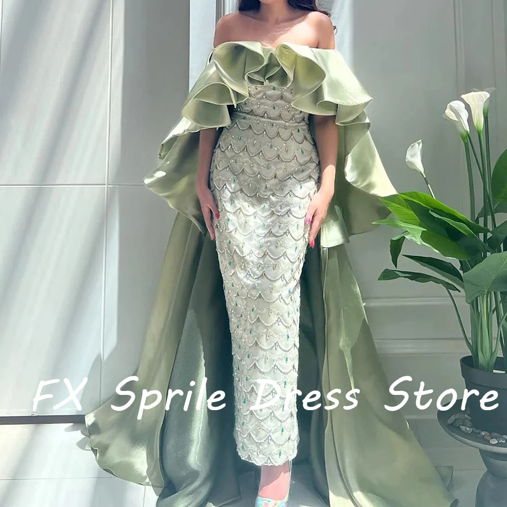 Off the Shoulder Sheath Ankle Length Ruffles Satin Beading Sequined Crystal Exquisite Evening Dress Bespoke Occasion Gowns Woman