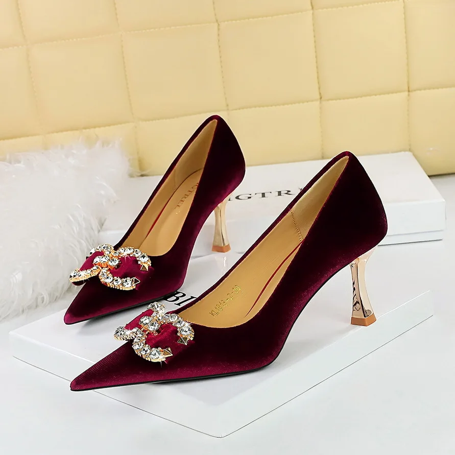 High Heel 7 CM Women Shoes Elegant Office Ladies Shoes Women Sandals Fabric Upper Material Crystal Singles Party Shoes 34-40