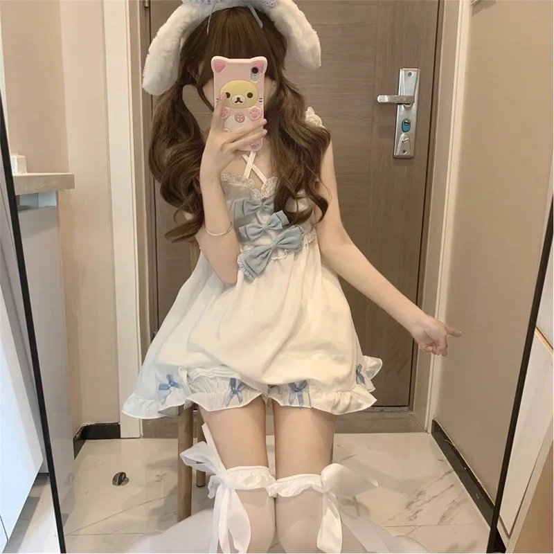 Japanese Soft Girl Strappy Bow Sling Top Shorts Two Piece Set Cotton Pajamas Women\'s Lolita Sleepwear 2024 New Summer